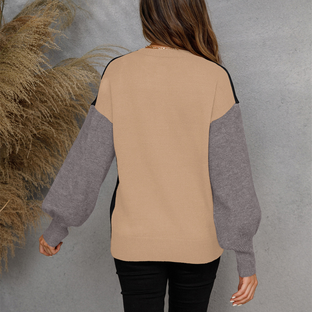 Europäisch & Amerikanisch Damen Amazon Frühling V-Ausschnitt Pullover Farbblock LangÄrmel Strick Hemd Pullover - Preview 6