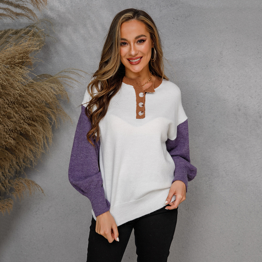 Europäisch & Amerikanisch Damen Amazon Frühling V-Ausschnitt Pullover Farbblock LangÄrmel Strick Hemd Pullover - Preview 8