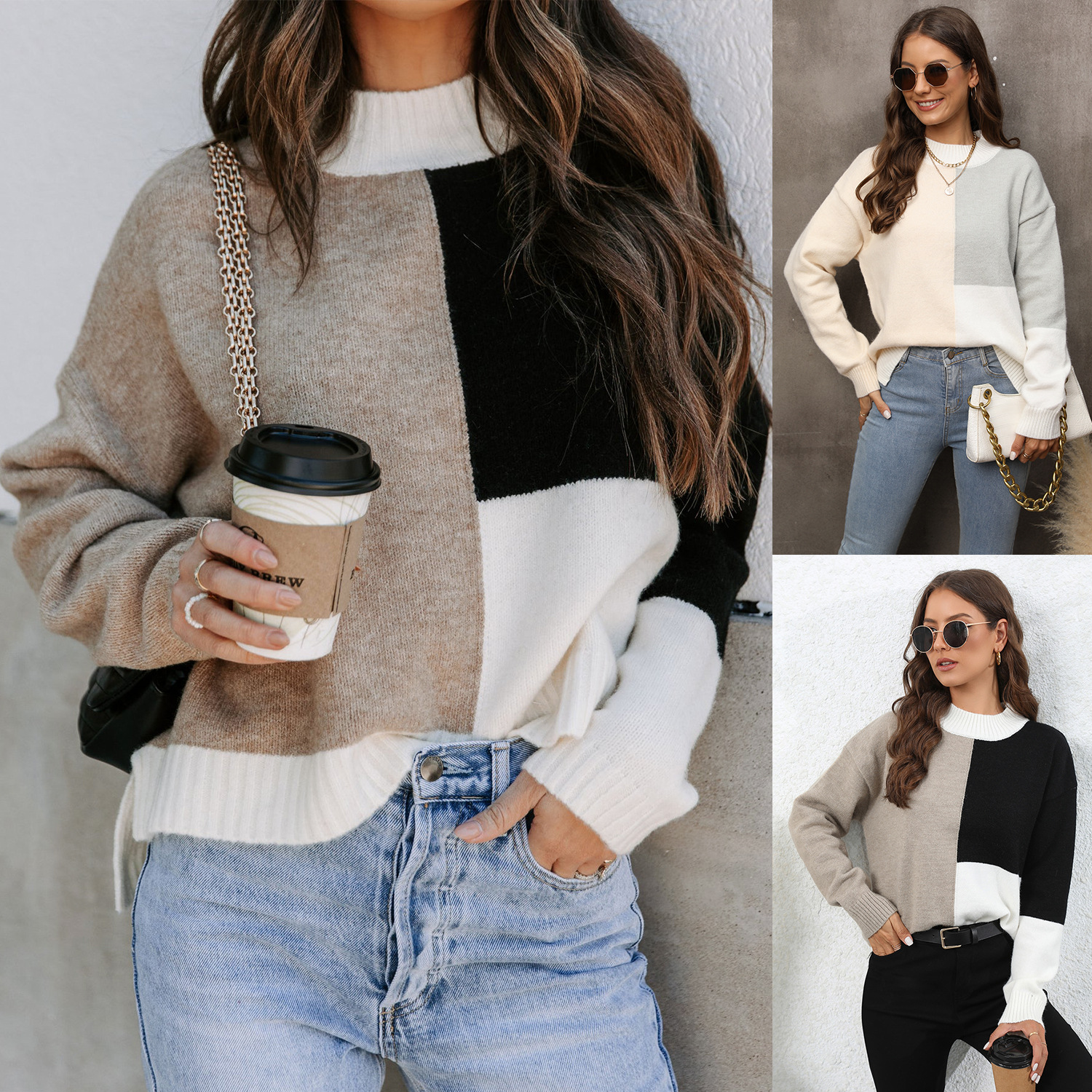 Winter European & American Sweater Plus Size Women's Patchwork Irregular Knit Loose Pullover Amazon Sweater - Preview 2