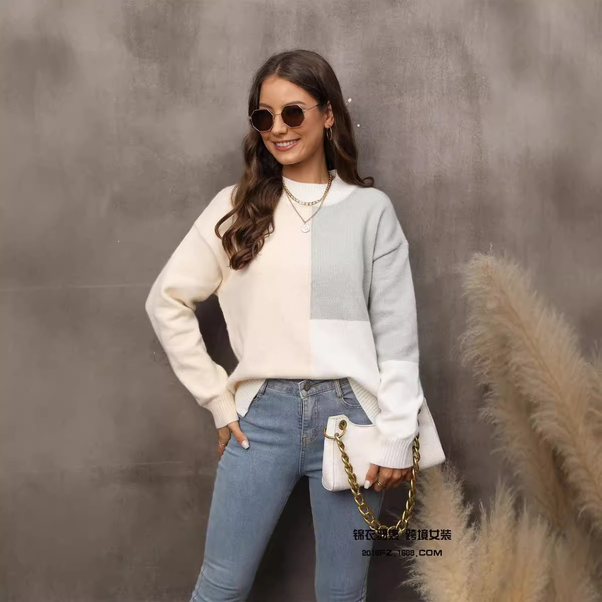 Winter European & American Sweater Plus Size Women's Patchwork Irregular Knit Loose Pullover Amazon Sweater - Preview 6