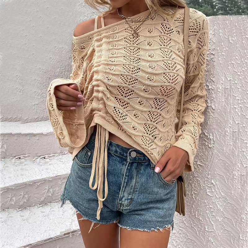 Solid Color Hollow Spring Summer Season European & American Style Drawstring Blouse Knit Shirt Long Sleeve Outerwear Pullover Elegant Top - Preview 3