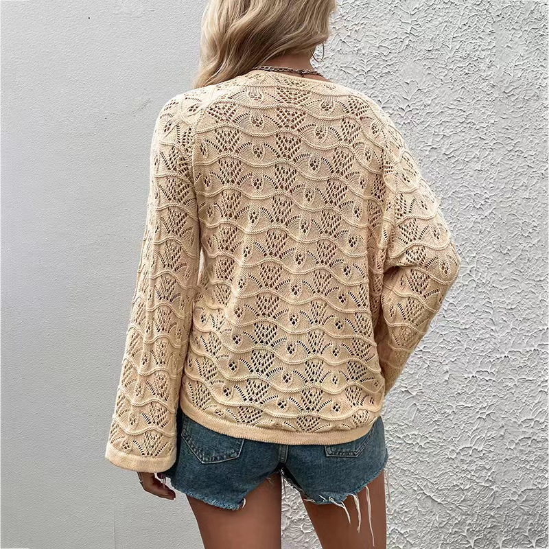 Solid Color Hollow Spring Summer Season European & American Style Drawstring Blouse Knit Shirt Long Sleeve Outerwear Pullover Elegant Top - Preview 4