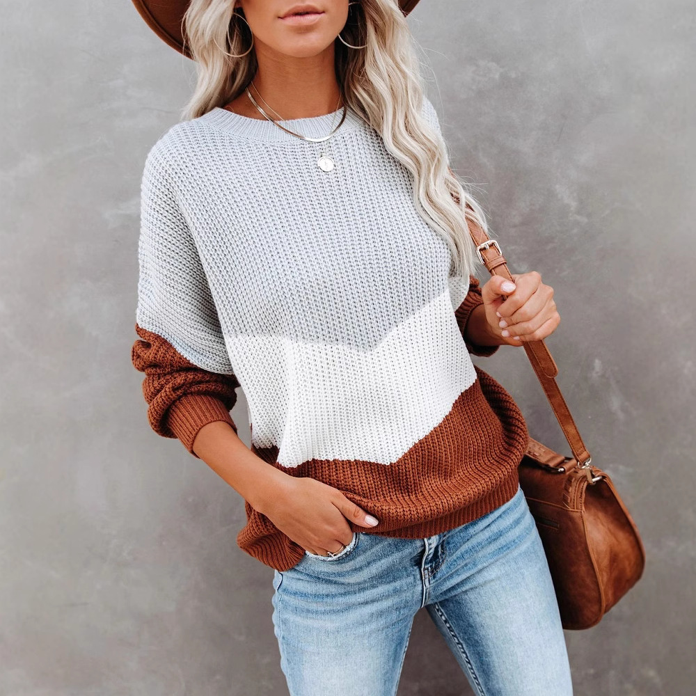 Spring Amazon Round Neck Sweater Base Layer Pullover Knit Net Red IN SPatchwork Loose Sweater - Preview 2
