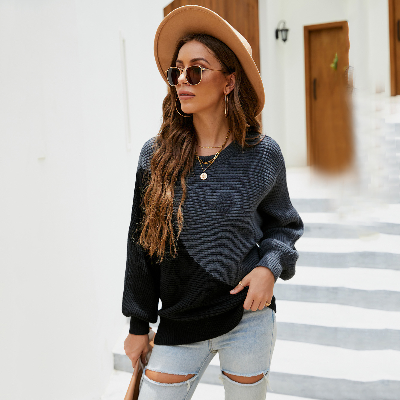 Spring Amazon Spring Women's Patchwork Personality Fashion Plus Size Women's Bat Shirt Knit Sweater Women's - Preview 4