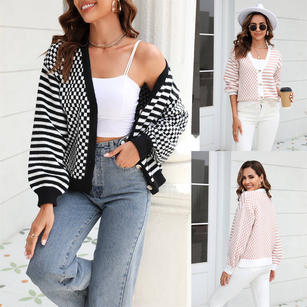 Spring European & American Amazon Knit Plaid Patchwork Stripe Cardigan Jacket Sweater Women's - Preview 2