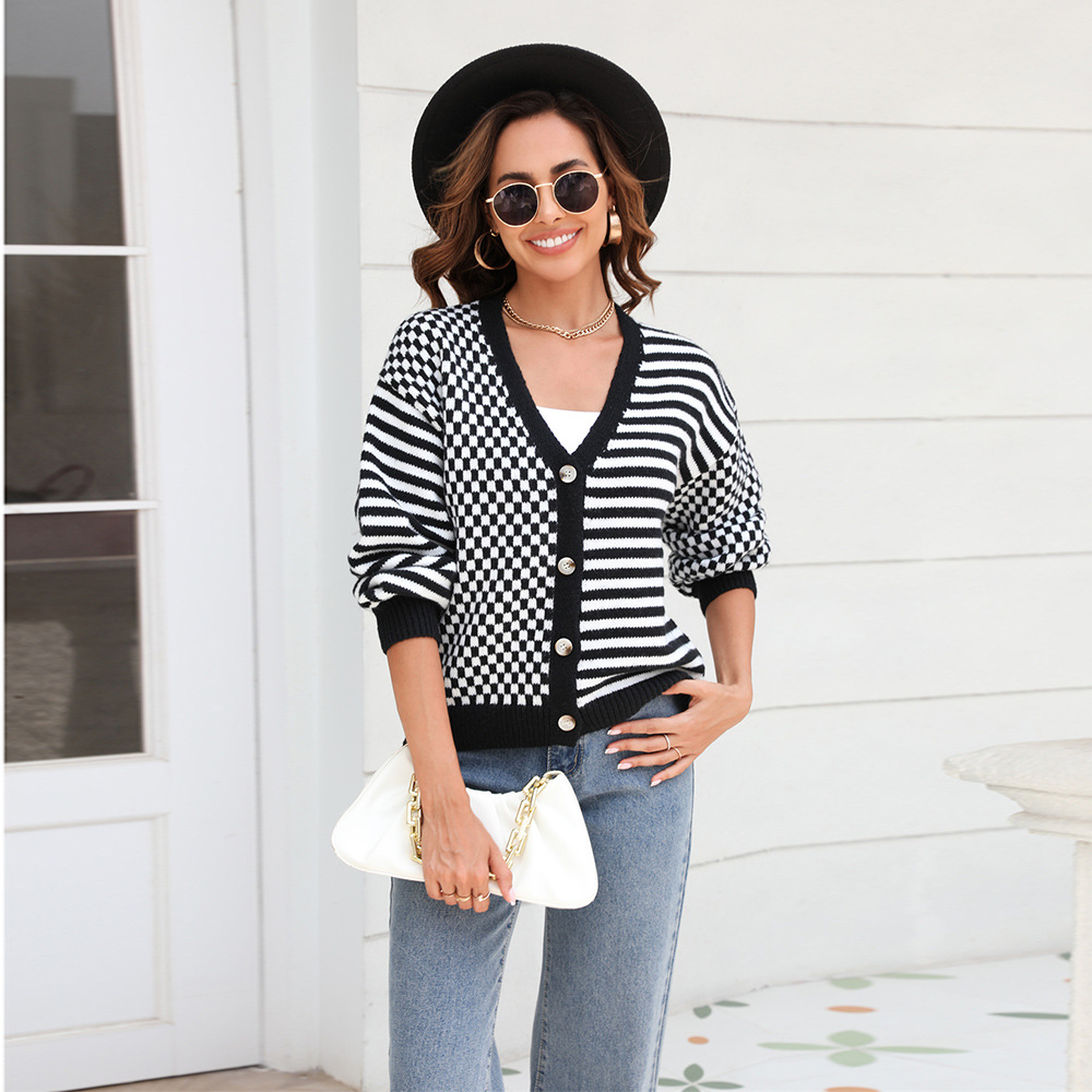 Spring European & American Amazon Knit Plaid Patchwork Stripe Cardigan Jacket Sweater Women's - Preview 3
