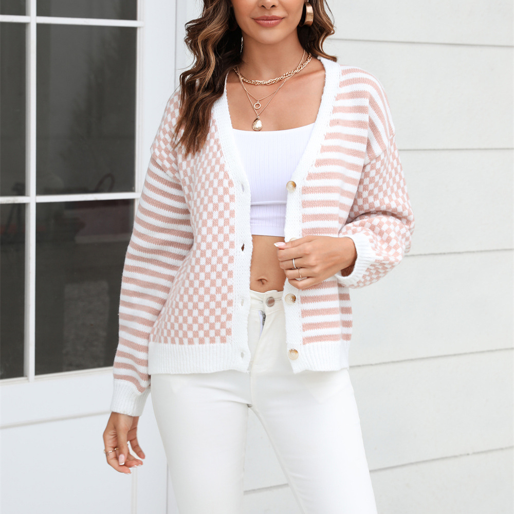 Spring European & American Amazon Knit Plaid Patchwork Stripe Cardigan Jacket Sweater Women's - Preview 4