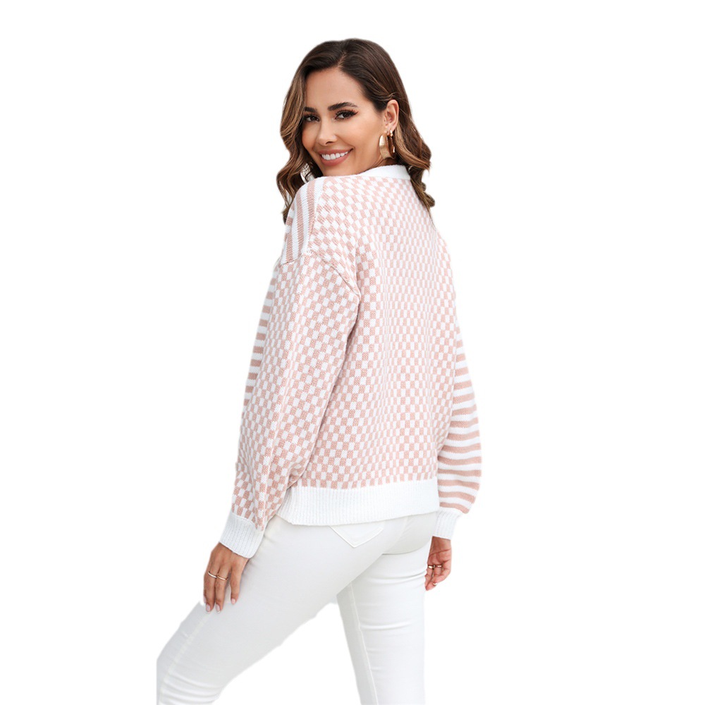 Spring European & American Amazon Knit Plaid Patchwork Stripe Cardigan Jacket Sweater Women's - Preview 6