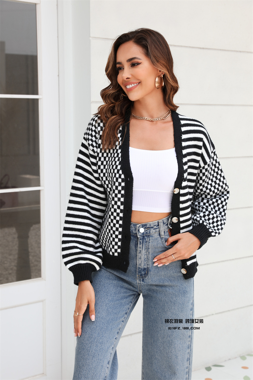 Spring European & American Amazon Knit Plaid Patchwork Stripe Cardigan Jacket Sweater Women's - Preview 7