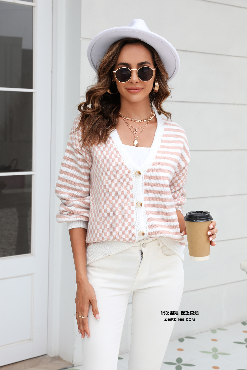 Spring European & American Amazon Knit Plaid Patchwork Stripe Cardigan Jacket Sweater Women's - Preview 8