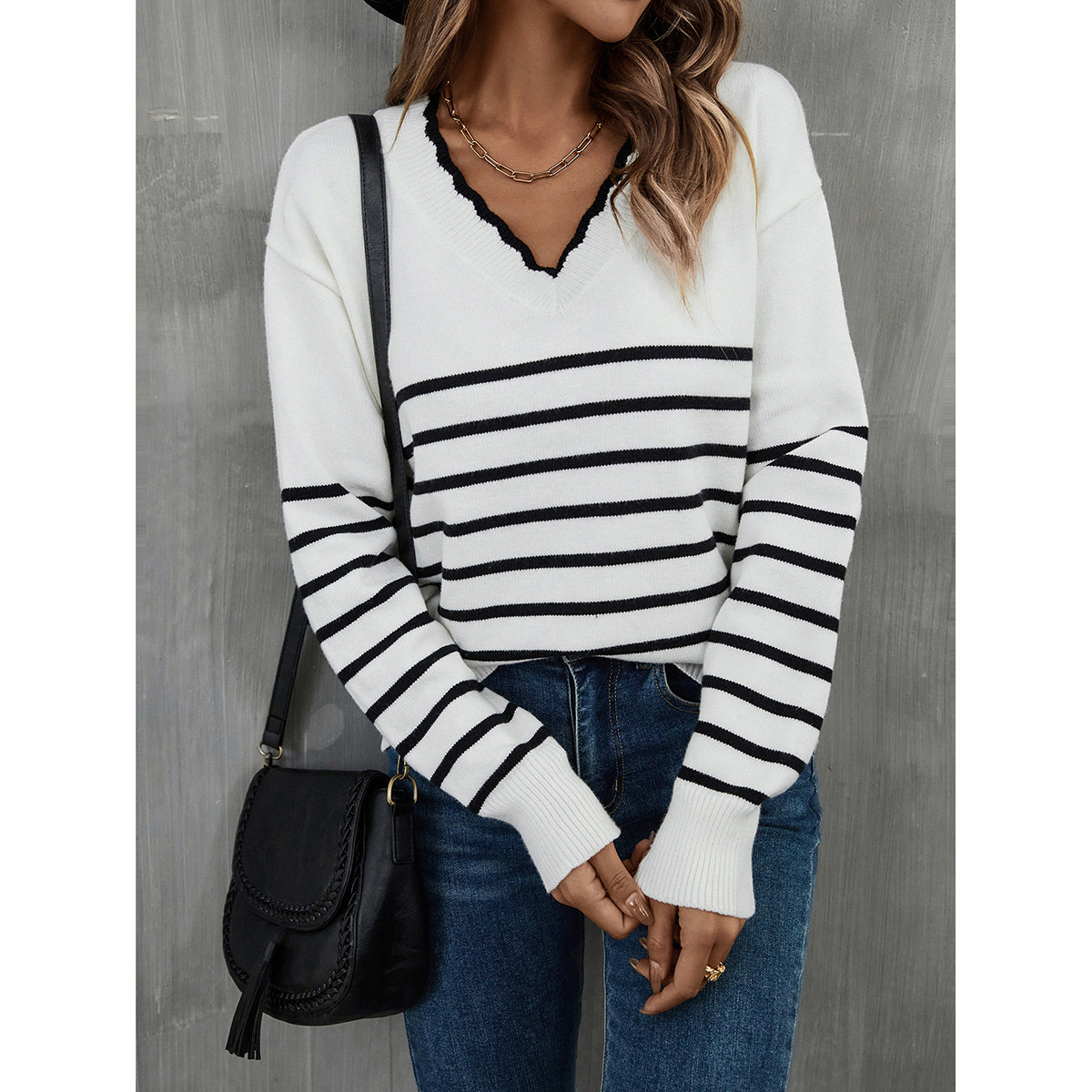 Spring European & American Sweater Pullover Base Layer V-Neck Stripe Amazon Knit Shirt Sweater Women's - Preview 7