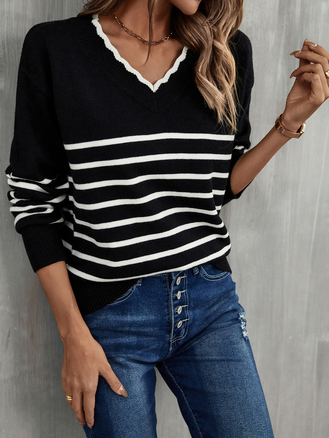 Spring European & American Sweater Pullover Base Layer V-Neck Stripe Amazon Knit Shirt Sweater Women's - Preview 8