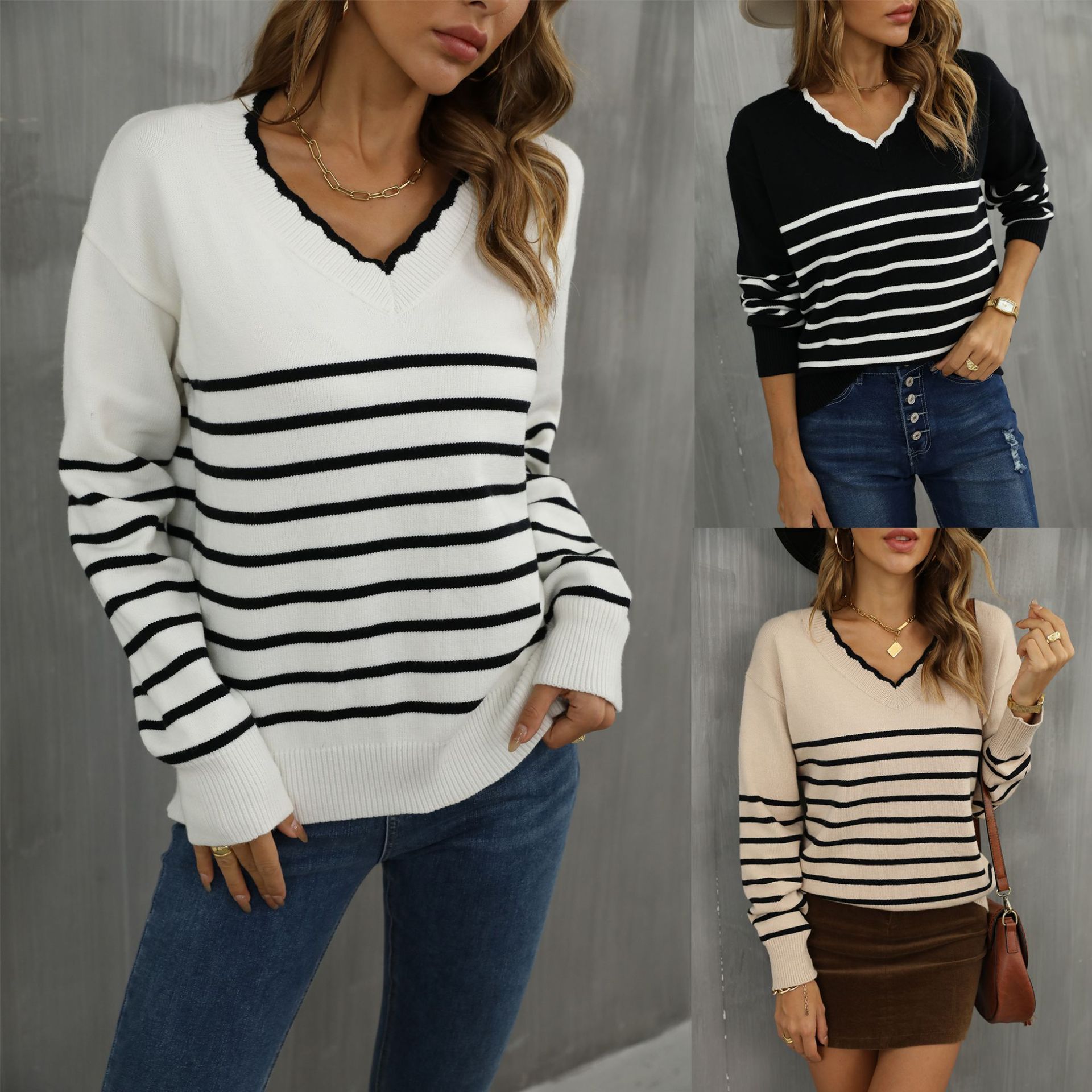 Spring European & American Sweater Pullover Base Layer V-Neck Stripe Amazon Knit Shirt Sweater Women's - Preview 10