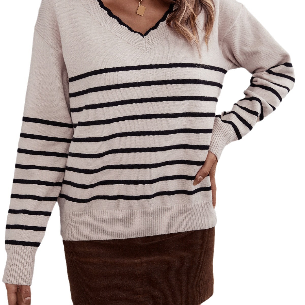 Spring European & American Sweater Pullover Base Layer V-Neck Stripe Amazon Knit Shirt Sweater Women's - Preview 11