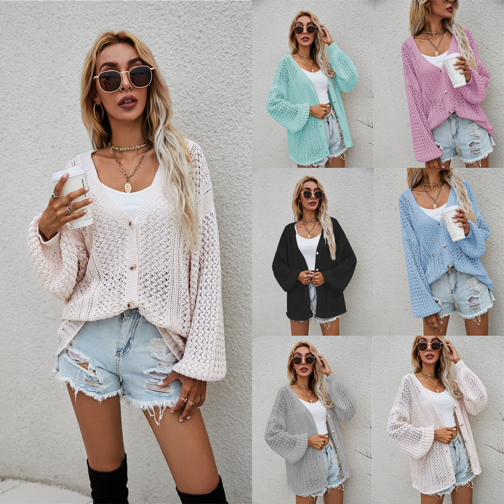 Spring Plus Size Women's Knit Shirt Amazon Hollow Knit Cardigan Loose Sweater - Preview 2