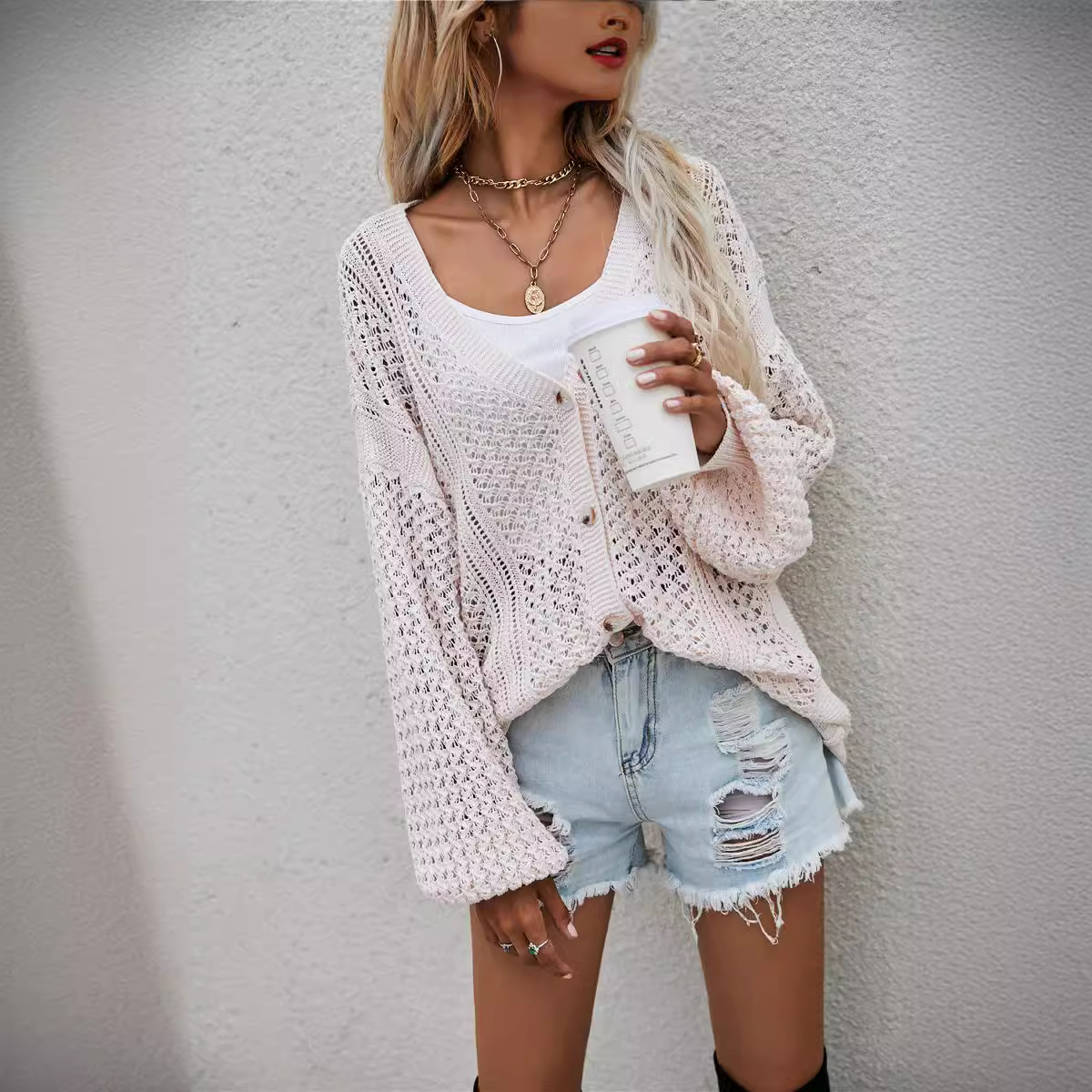 Spring Plus Size Women's Knit Shirt Amazon Hollow Knit Cardigan Loose Sweater - Preview 3