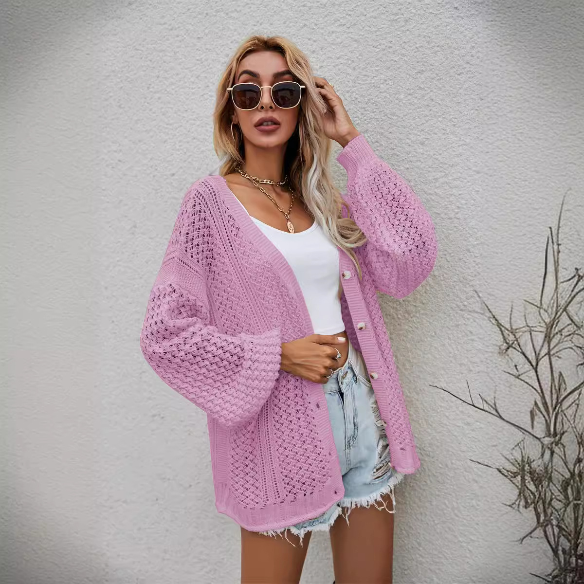 Spring Plus Size Women's Knit Shirt Amazon Hollow Knit Cardigan Loose Sweater - Preview 4