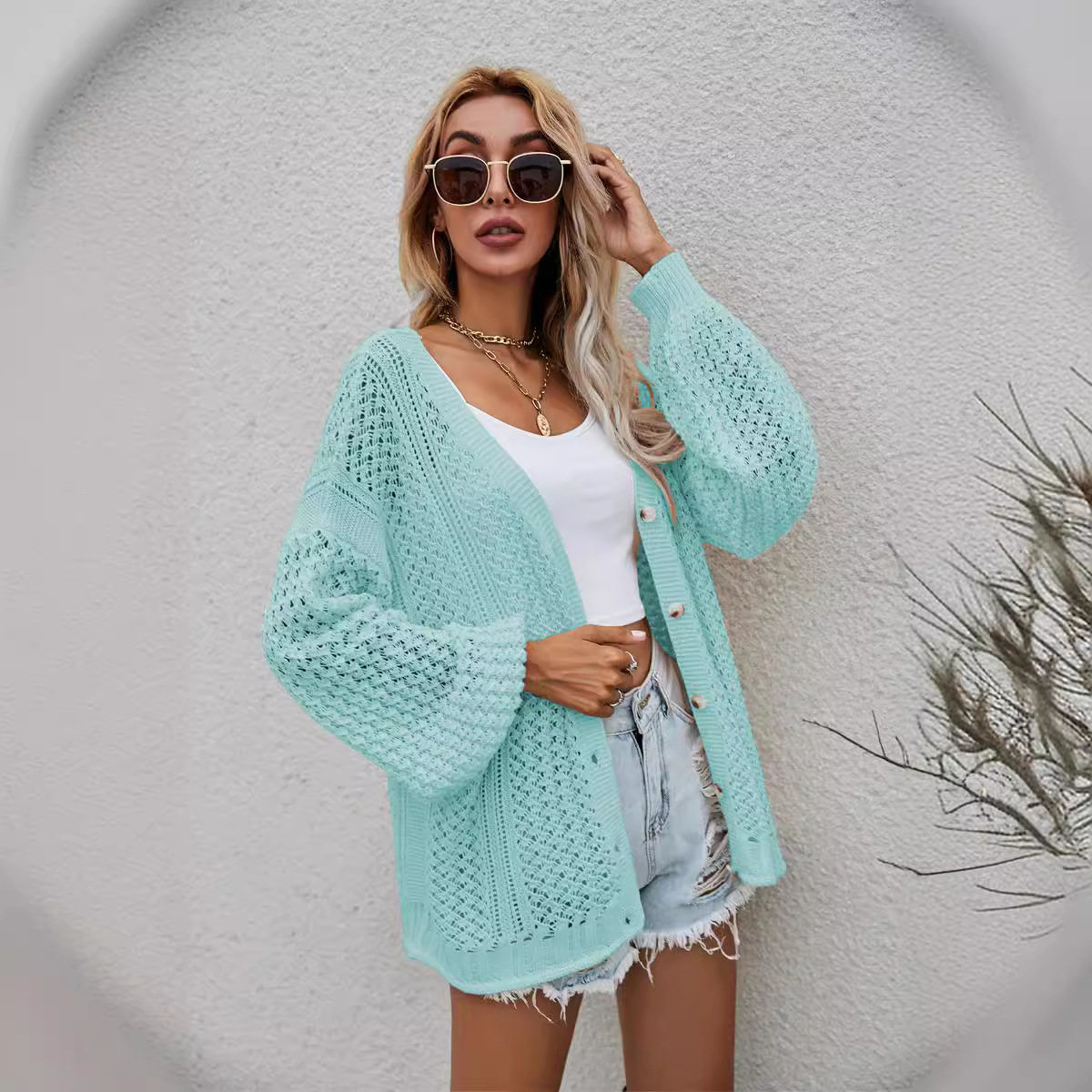 Spring Plus Size Women's Knit Shirt Amazon Hollow Knit Cardigan Loose Sweater - Preview 5