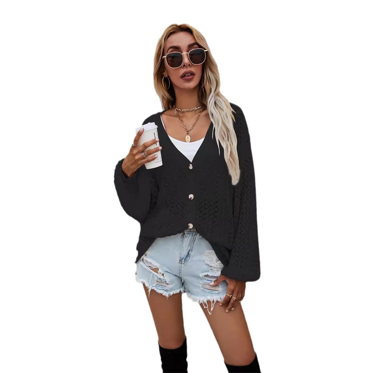 Spring Plus Size Women's Knit Shirt Amazon Hollow Knit Cardigan Loose Sweater - Preview 6