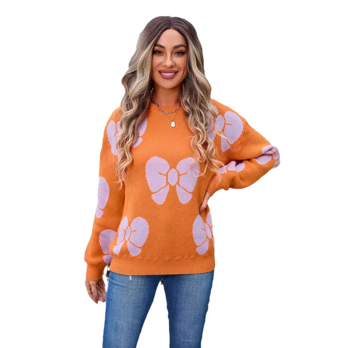 Spring Women's Plus Size Loose Bow Sweater Pullover Amazon Knit Shirt Women's - Preview 6