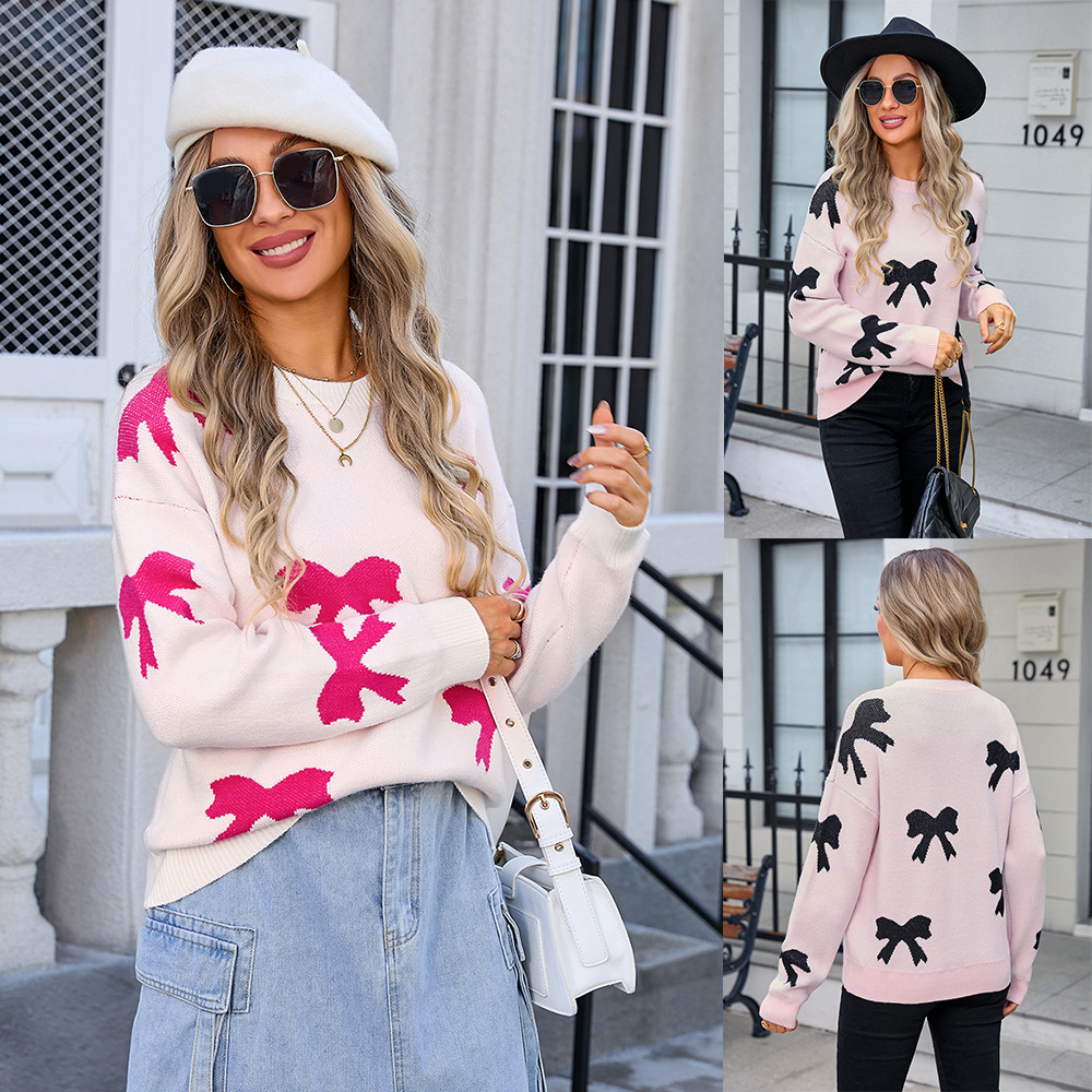 Spring Sweater Women's Amazon Knit Shirt Bow Pullover Long Sleeve Shirt - Preview 2