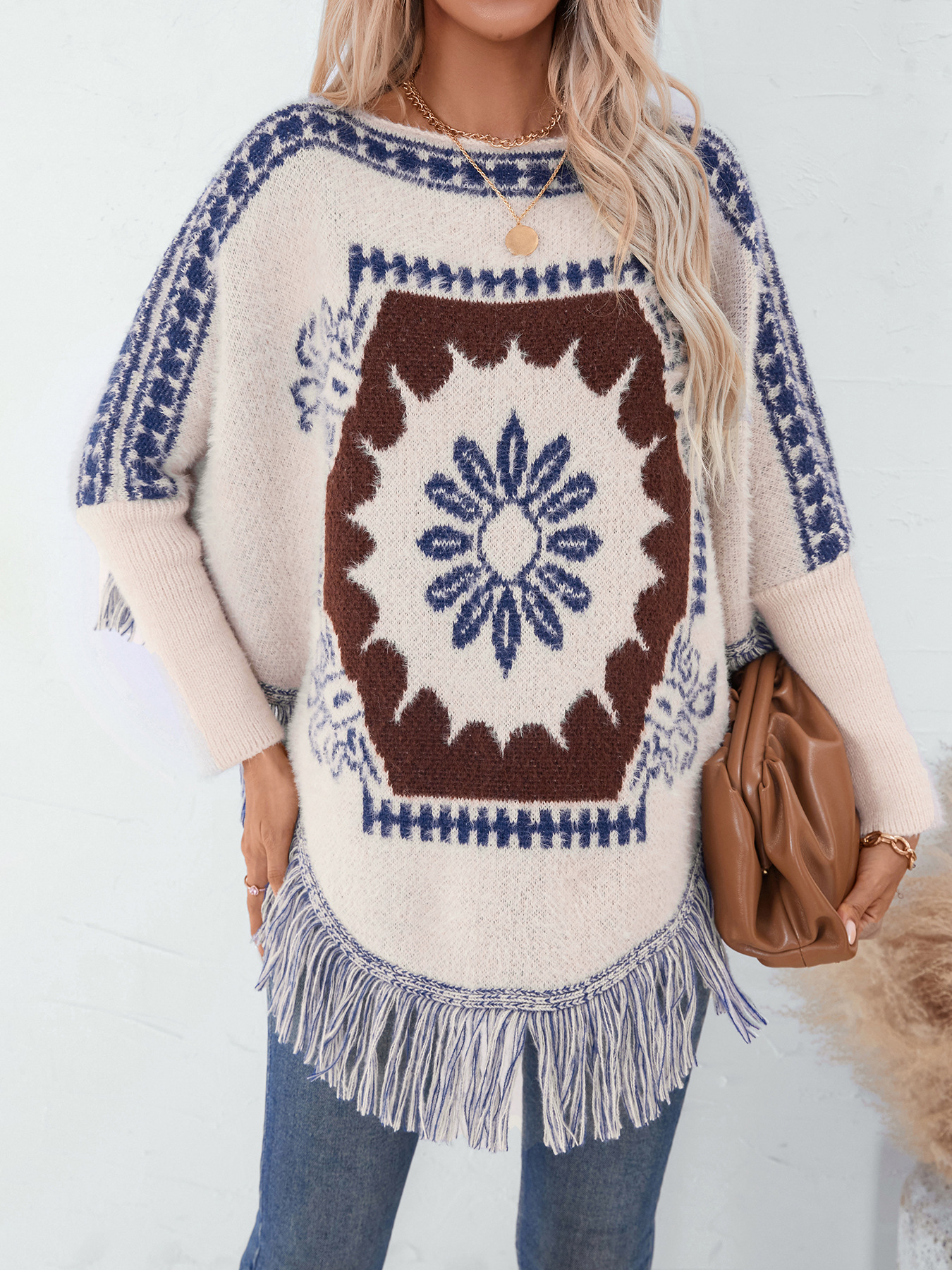Nieselregen Vintage Ethnisch Stil Bootsausschnitt Pullover Pullover Umhang Damen Herbst Winter Weit LangÄrmel Strick Fransen Umhang - Preview 6